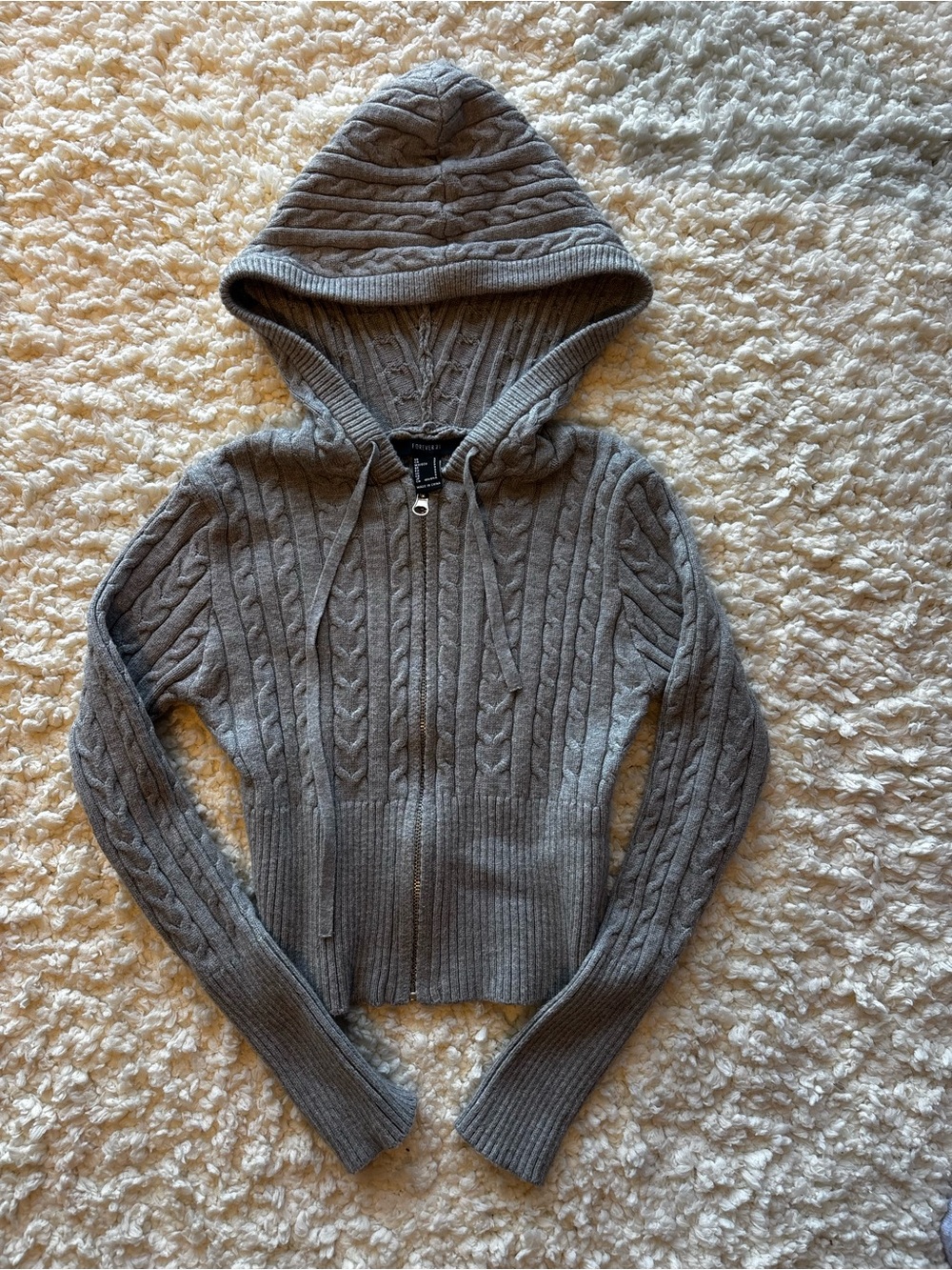 Forever 21 Gray Cable Knit Hooded Zip Cardigan